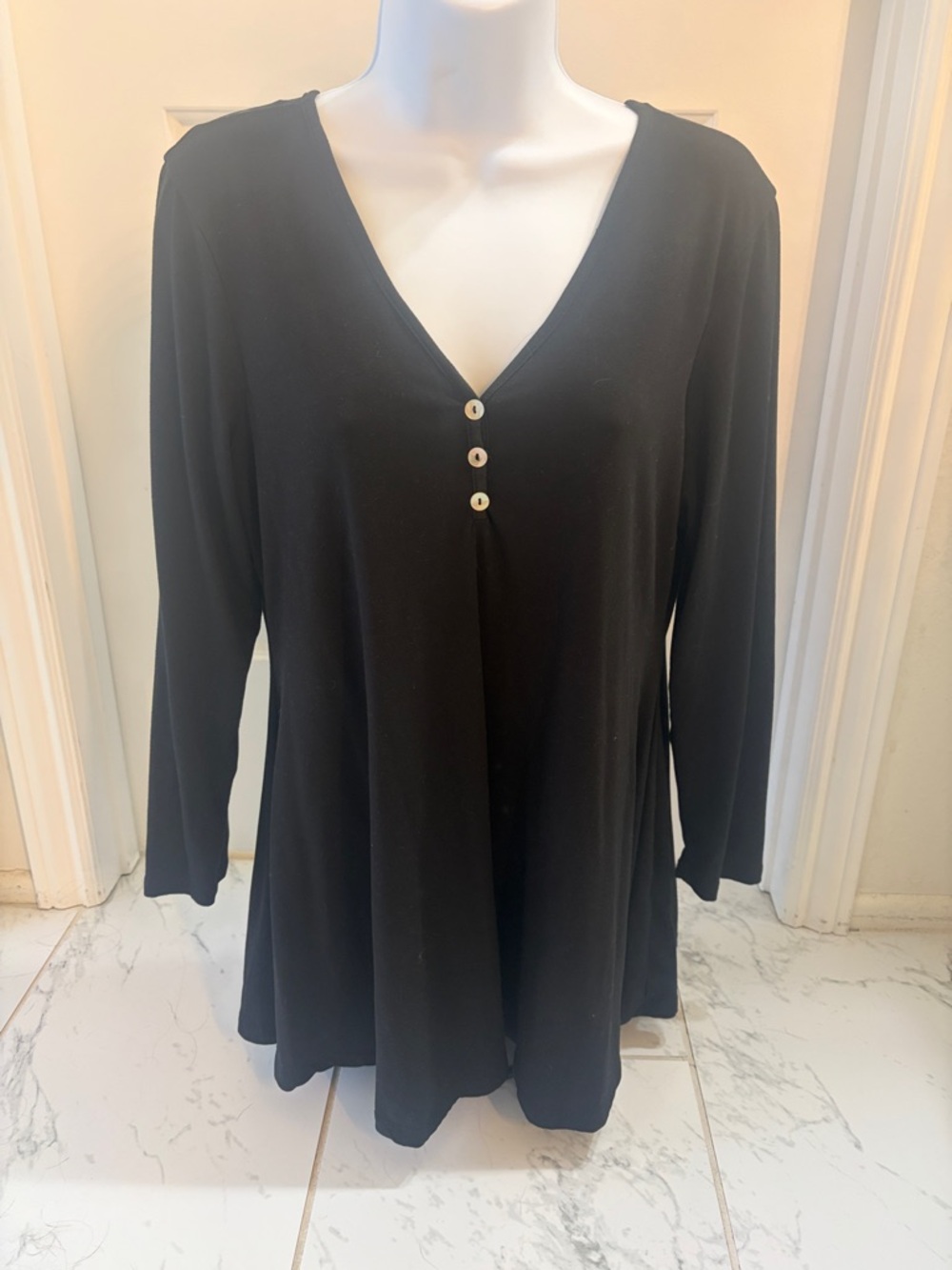 V-Neck Black Long Sleeve Tunic with Button Accents